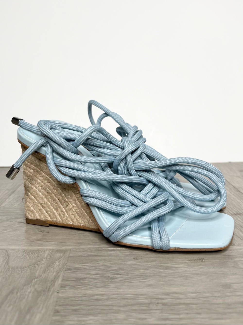Steve Madden Idolized Espadrille Wedge Square Toe Strappy Tie Blue Sandal 6.5M